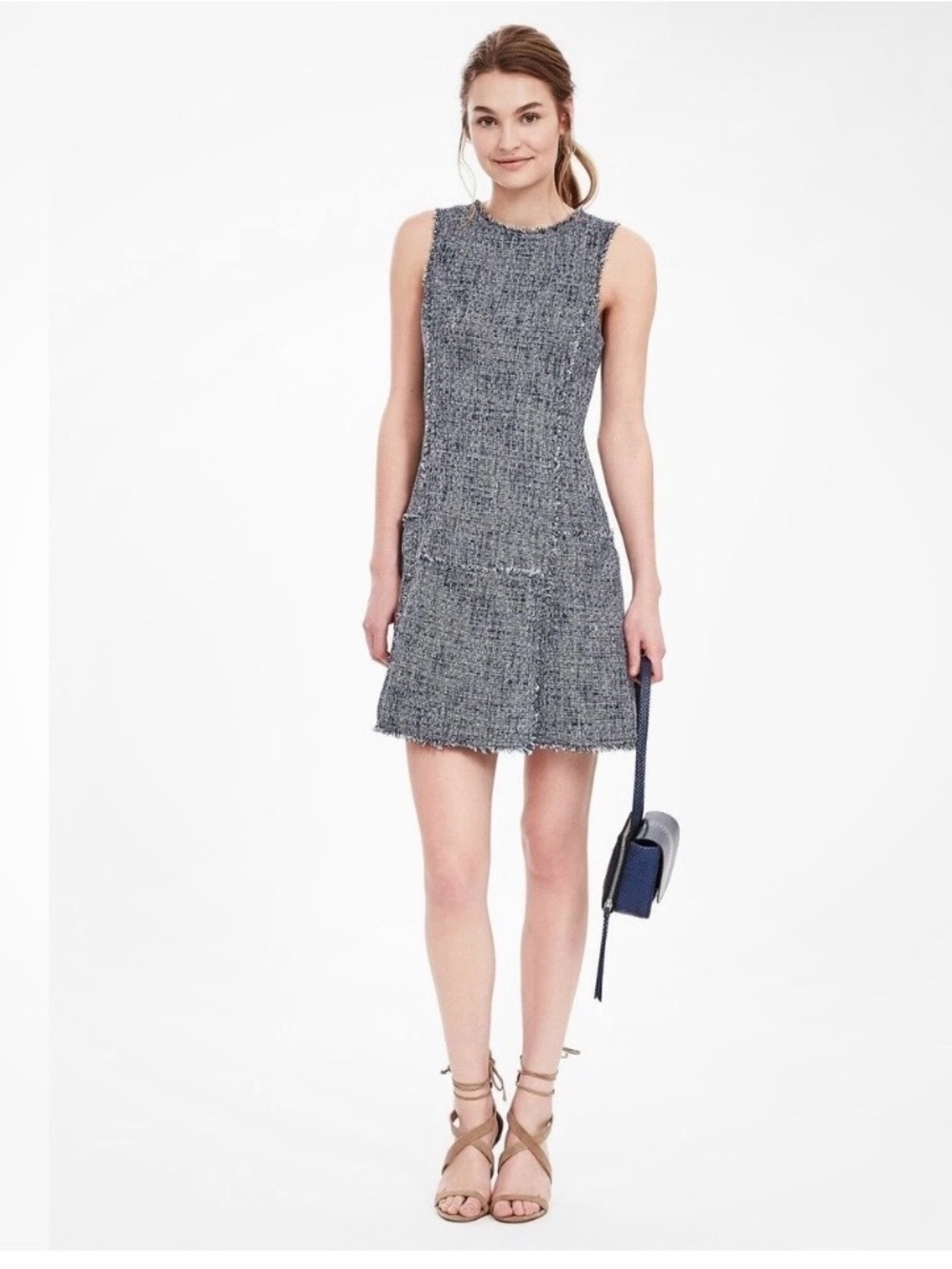 Banana Republic Fit and flare boucle style sleeveless dress. Navy/white size 6.
